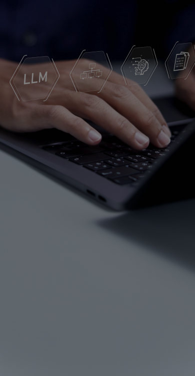 Person typing on a laptop with floating digital icons representing artificial intelligence, large language models, and automation