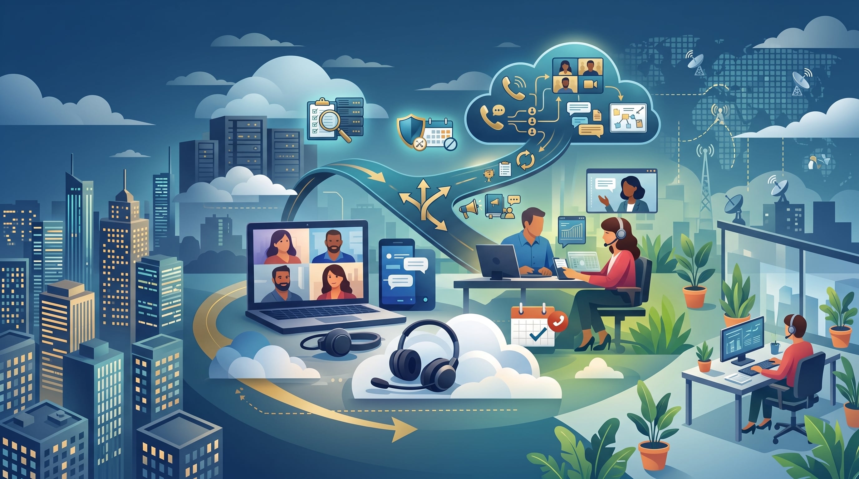 Illustration of a phased UCaaS migration path connecting office teams and cloud communications.