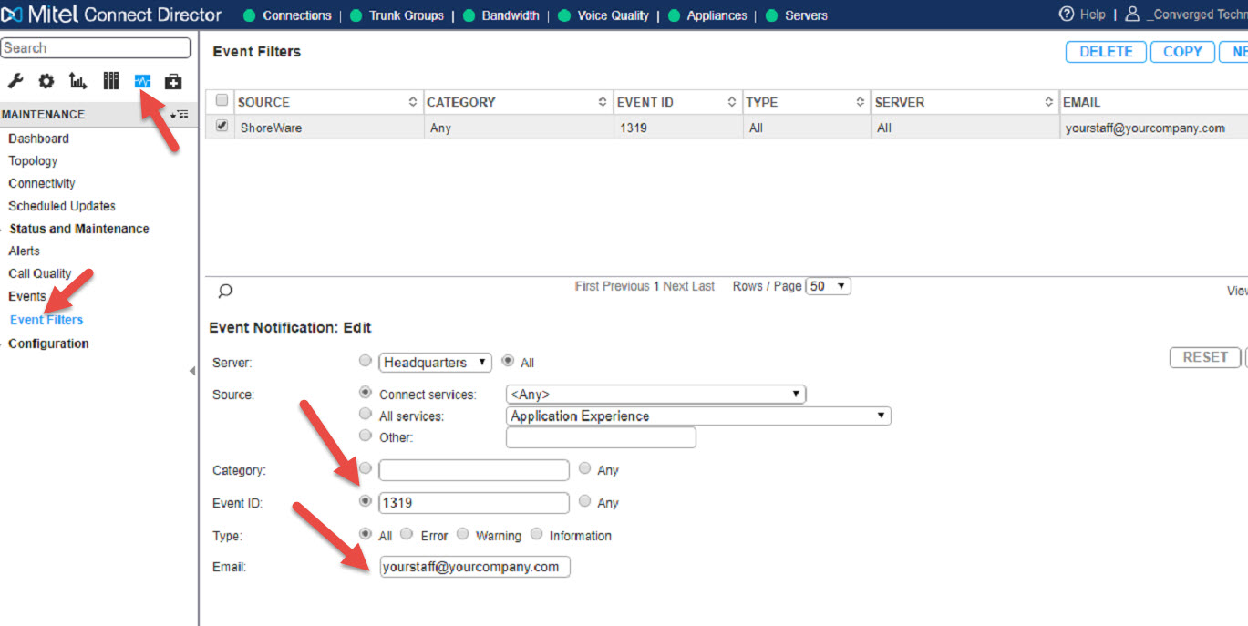 Email notification setting in Mitel ShoreTel connect Director