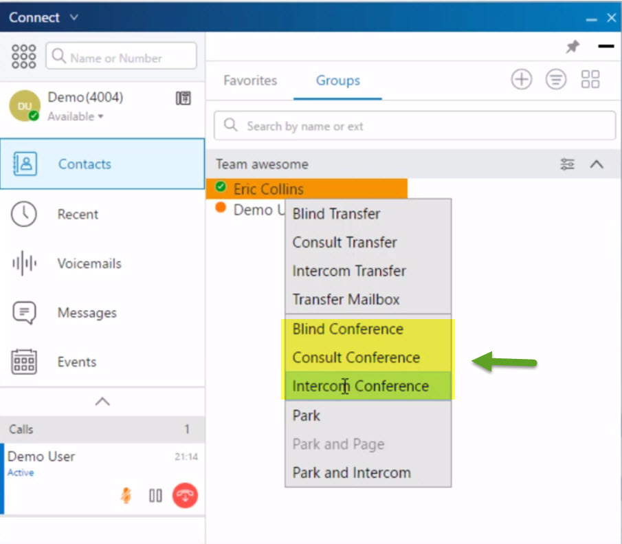 select conference options in drop down that appears