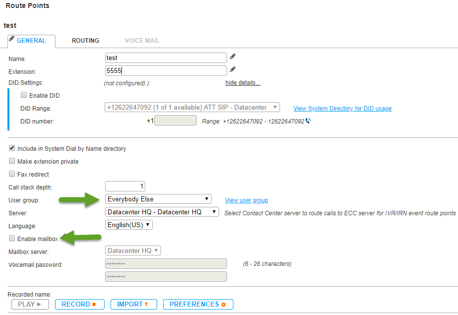 Route point settings Route point settings